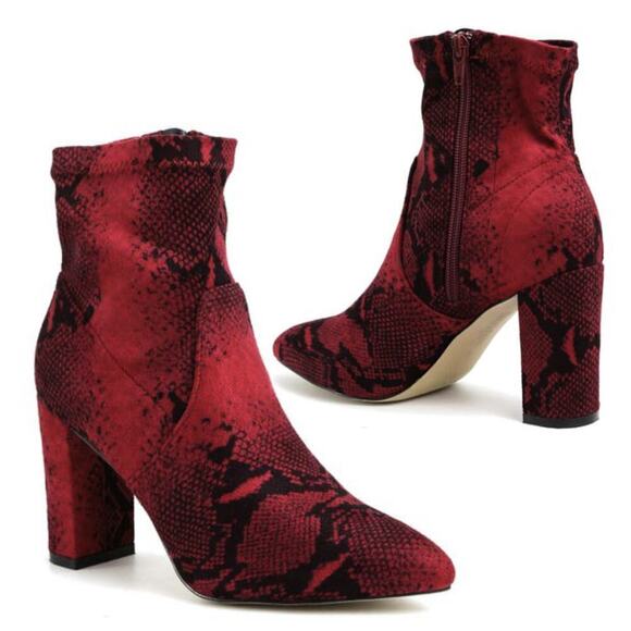 Catherine Malandrino Shoes - Catherine Malandrino Bodem Faux Suede Block Heel Snake Print Stretch Bootie
